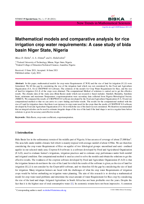 (PDF) Mathematical models and comparative analysis for rice irrigation ...