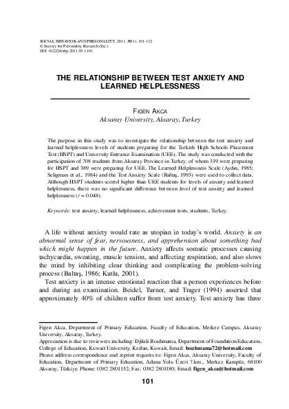 (PDF) THE RELATIONSHIP BETWEEN TEST ANXIETY AND LEARNED HELPLESSNESS
