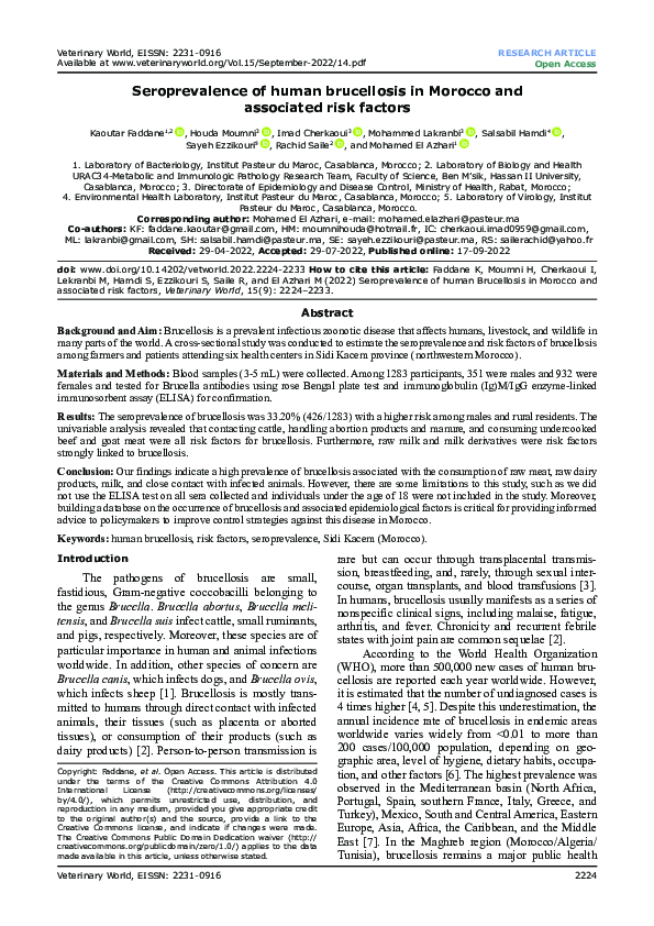 (PDF) Seroprevalence of human brucellosis in Morocco and associated ...