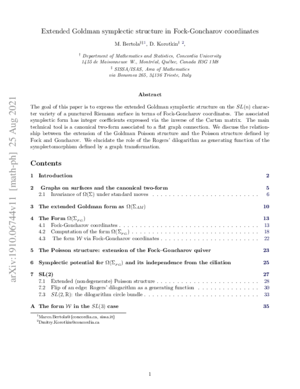 (PDF) Extended Goldman symplectic structure in Fock–Goncharov coordinates