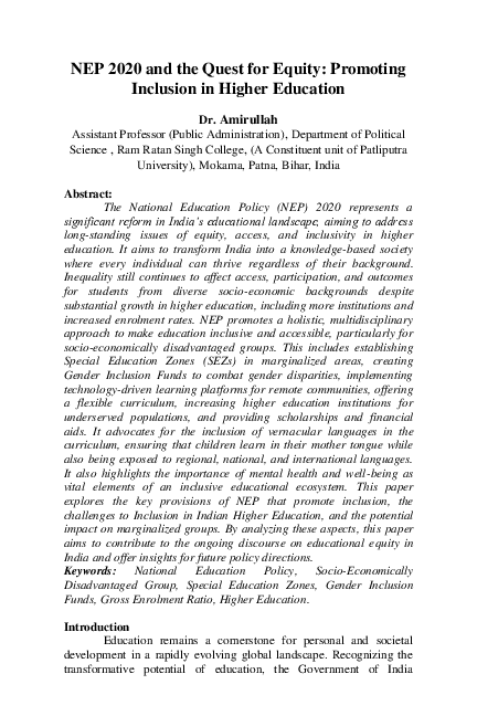 (PDF) NEP 2020 and the Quest for Equity: Promoting Inclusion in Higher ...