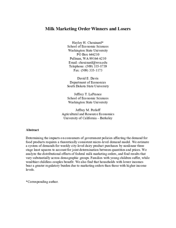 (PDF) Milk Marketing Order Winners and Losers
