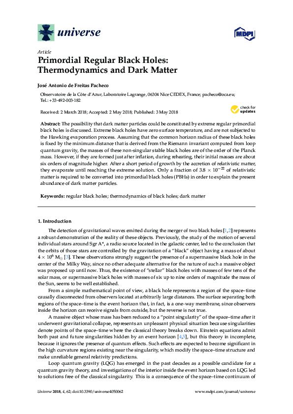 (PDF) Primordial Regular Black Holes: Thermodynamics and Dark Matter