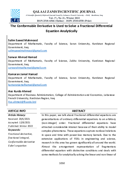 (PDF) The Conformable Derivative Is Used to Solve a Fractional ...
