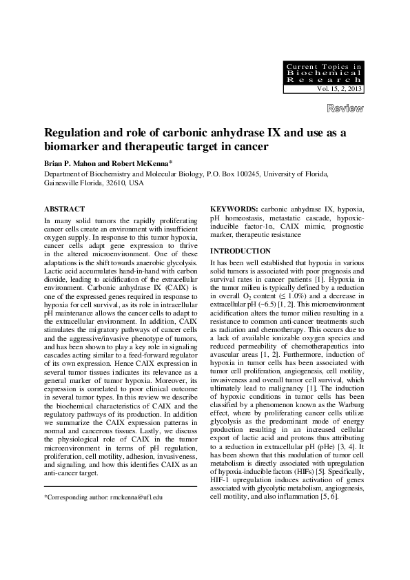 (PDF) Regulation and role of carbonic anhydrase IX and use as a ...