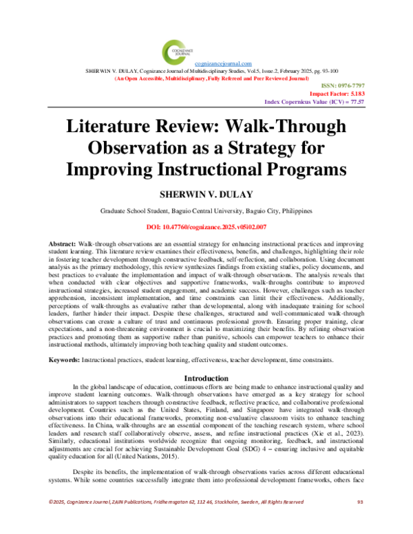 (PDF) Literature Review: Walk-Through Observation as a Strategy for ...