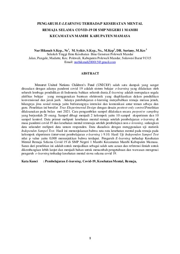 (PDF) PENGARUH E-LEARNING TERHADAP KESEHATAN MENTAL REMAJA SELAMA COVID ...