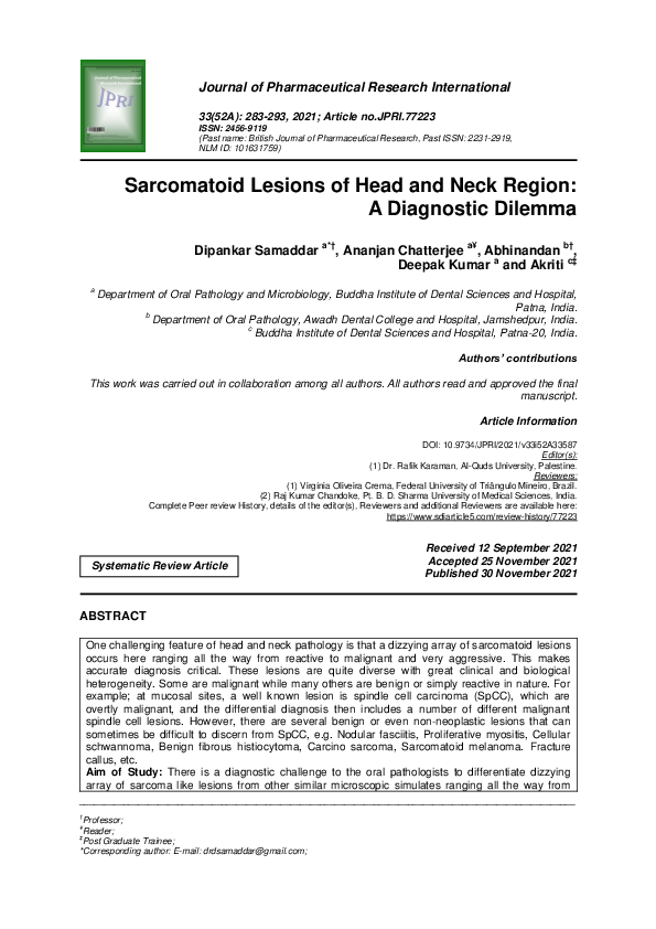 (PDF) Sarcomatoid Lesions of Head and Neck Region: A Diagnostic Dilemma