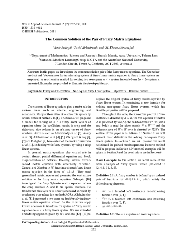 (PDF) The common solution of the pair of fuzzy matrix equations