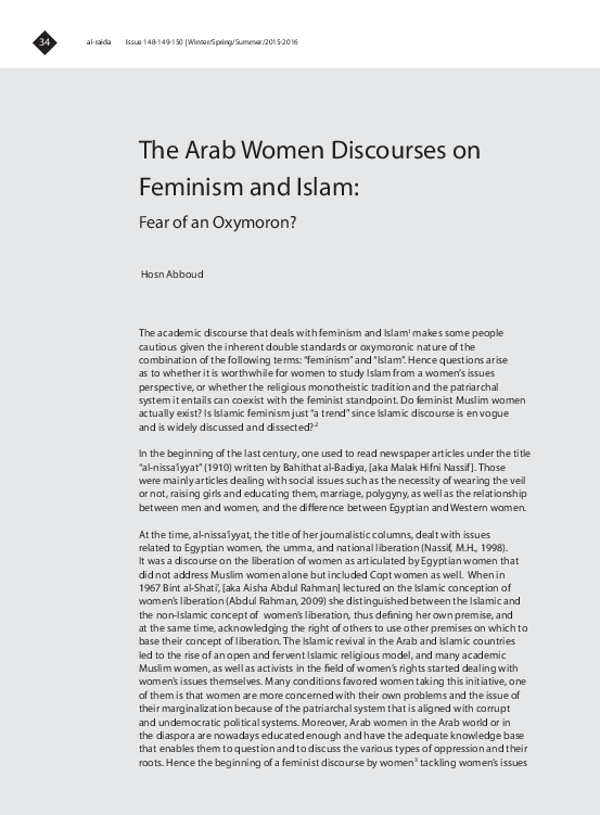 (PDF) The Arab Women Discourses on Feminism and Islam: Fear of an Oxymoron?