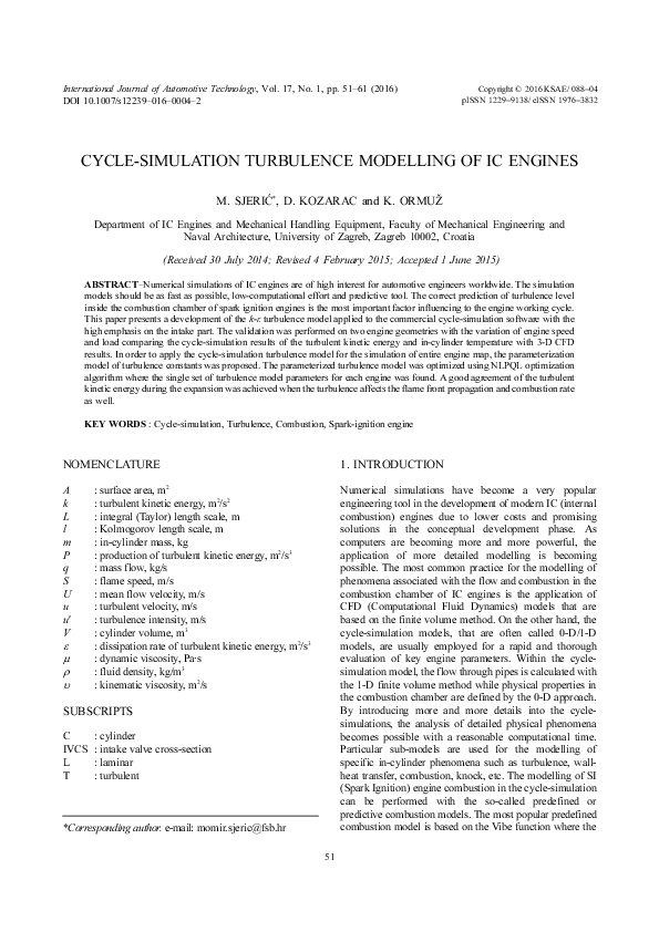 (PDF) Cycle-simulation turbulence modelling of IC engines