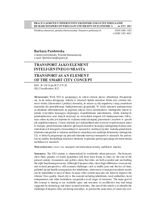 (PDF) Transport as an Element of the Smart City Concept