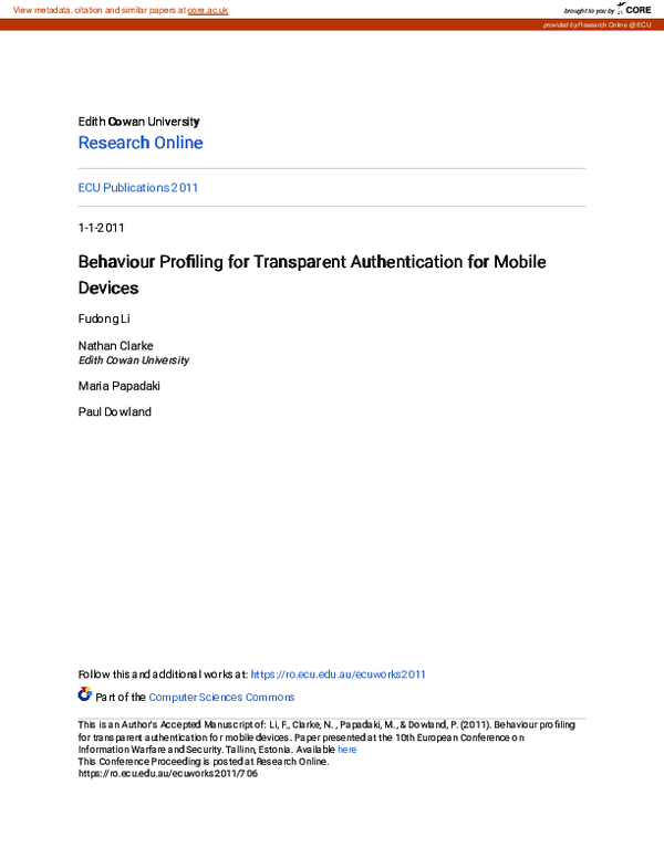 (PDF) Behaviour profiling for transparent authentication for mobile devices