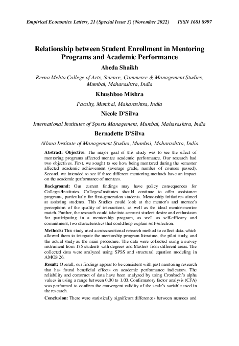 (PDF) Relationship between Student Enrollment in Mentoring Programs and ...