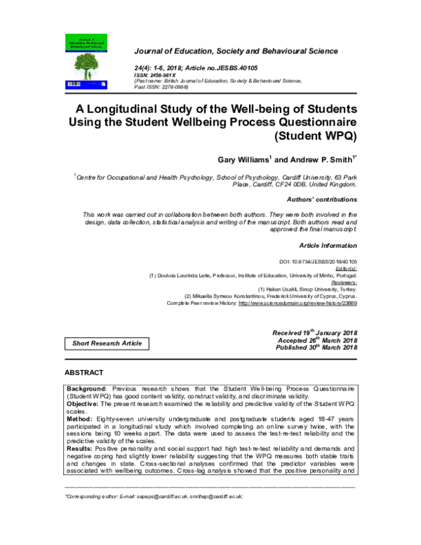 (PDF) A Longitudinal Study of the Well-being of Students Using the ...