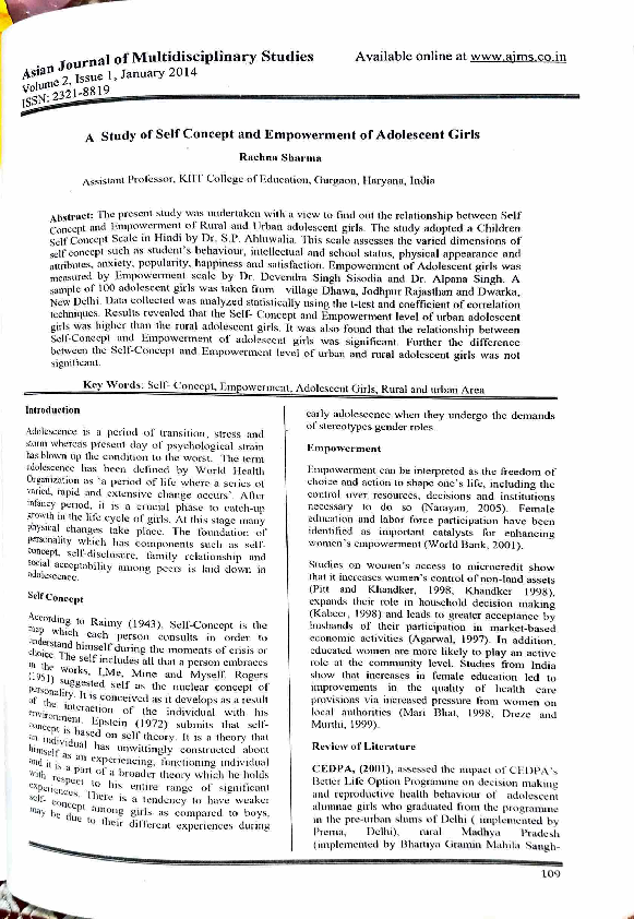 (PDF) A Study of Self Concept and Empowerment of Adolescent Girls