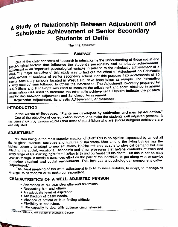 (PDF) A Study of Relationship Between Adjustment and Scholastic ...