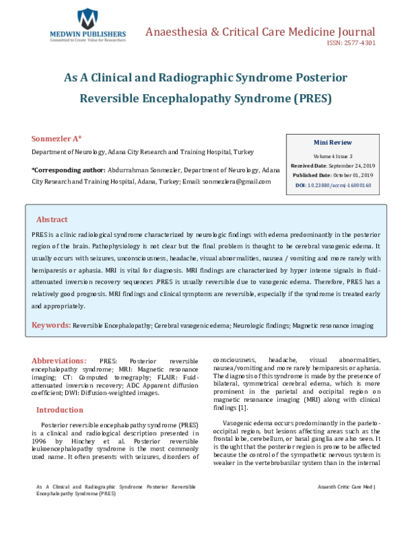 (PDF) As A Clinical and Radiographic Syndrome Posterior Reversible ...