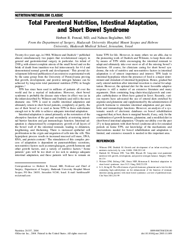 (PDF) Total parenteral nutrition, intestinal adaptation, and short ...