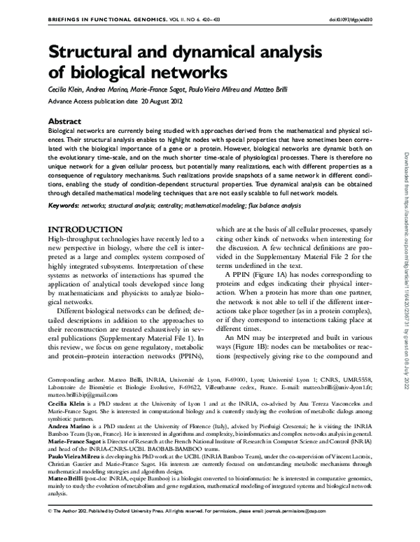 (PDF) Structural and dynamical analysis of biological networks