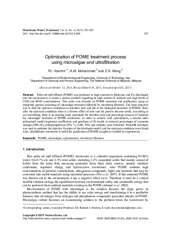 (PDF) Optimization of POME treatment process using microalgae and ...
