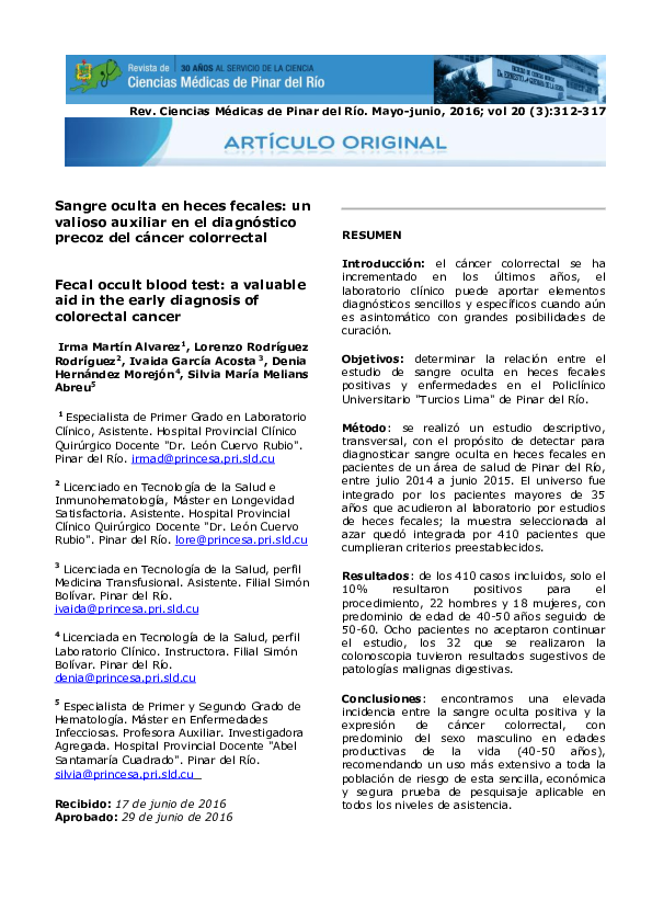 Pdf Sangre Oculta En Heces Fecales Un Valioso Auxiliar En El
