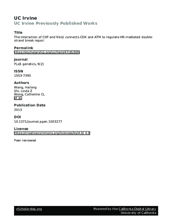 (PDF) The Interaction of CtIP and Nbs1 Connects CDK and ATM to Regulate ...
