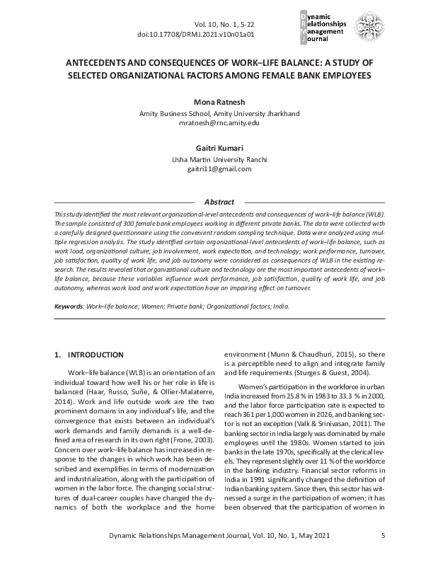 (PDF) Antecedents and consequences of work life balance among women ...
