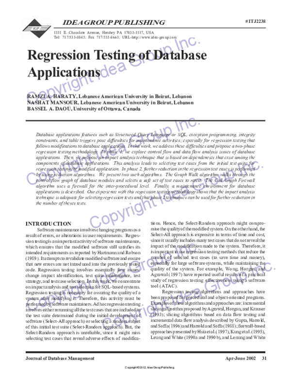 (PDF) Regression Testing of Database Applications