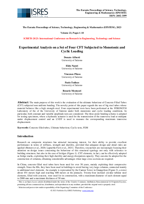 (PDF) Experimental Analysis on a Set of Four CFT Subjected to Monotonic ...
