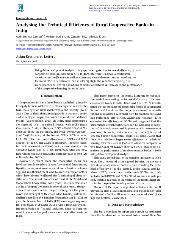 (PDF) Analysing the Technical Efficiency of Rural Cooperative Banks in ...