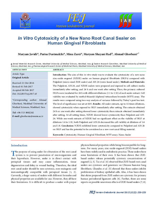 (PDF) Root canal sealer cytotoxicity with human gingival fibroblasts