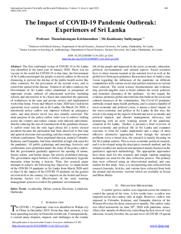 (PDF) The Impact of COVID-19 Pandemic Outbreak: Experiences of Sri Lanka