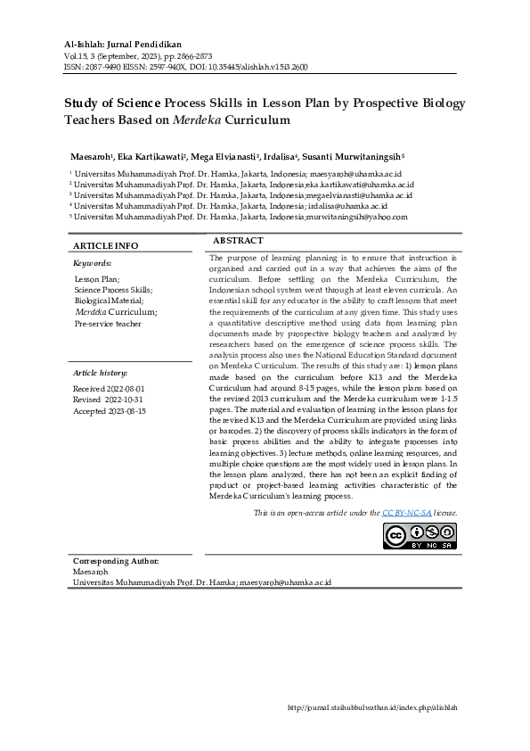 (PDF) Study of Science Process Skills in Lesson Plan by Prospective ...
