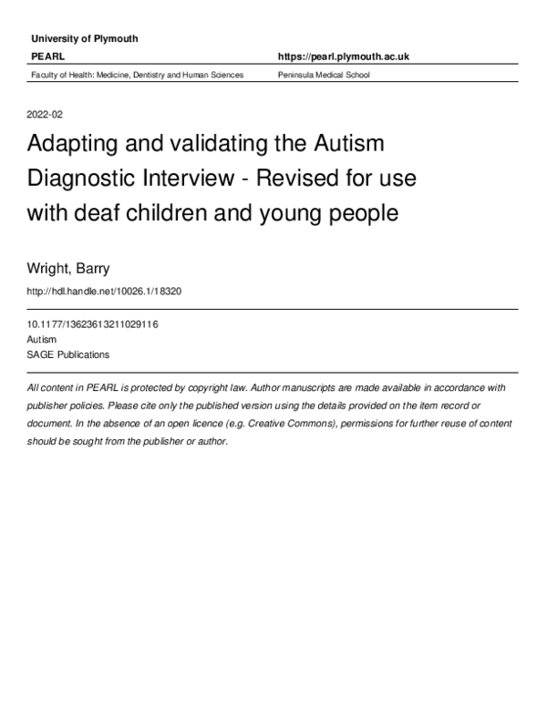 (PDF) Adapting and validating the Autism Diagnostic Interview - Revised ...