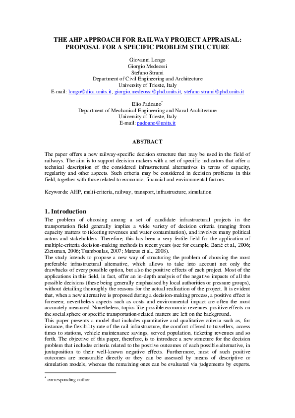 (PDF) The Ahp Approach for Railway Project Appraisal: Proposal for a ...