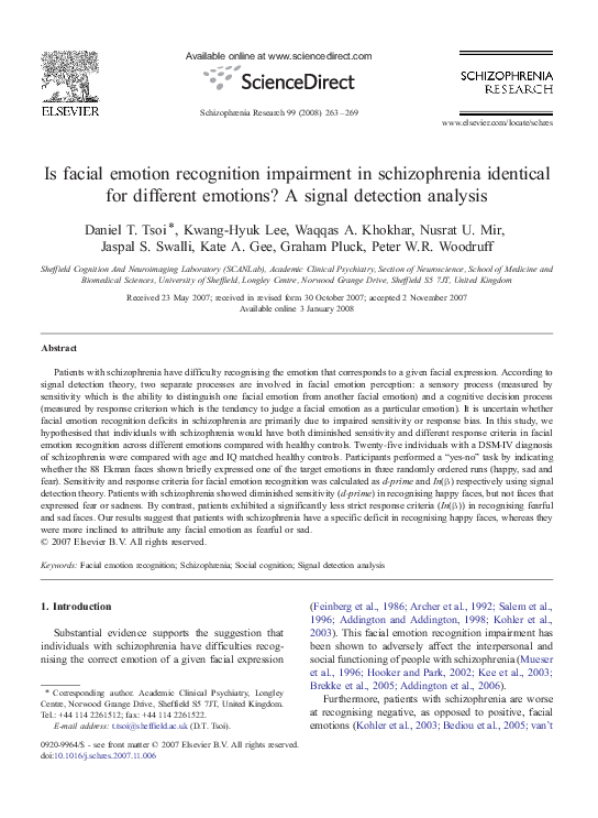 (PDF) Is facial emotion recognition impairment in schizophrenia ...