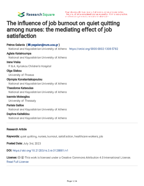 (PDF) The influence of job burnout on quiet quitting among nurses: the ...