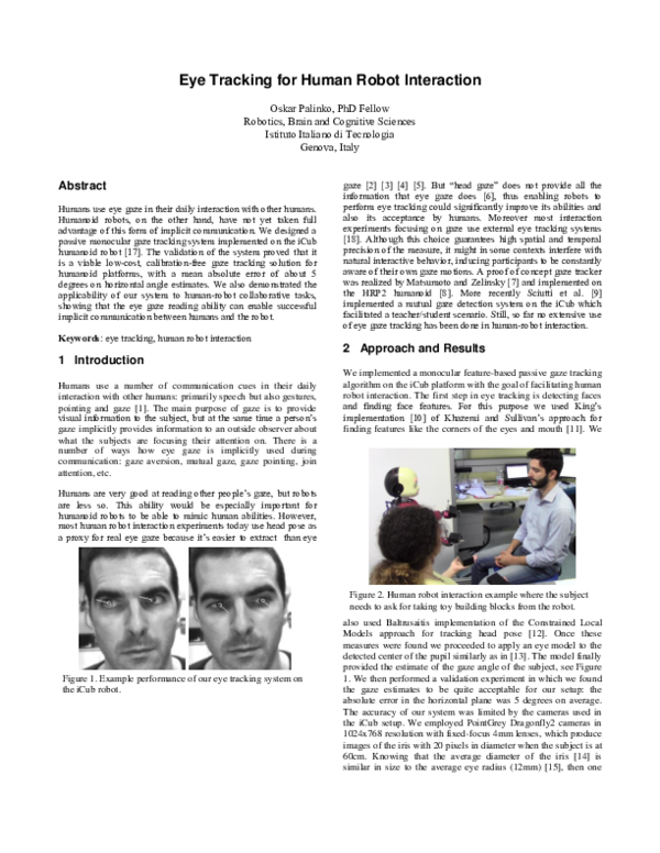 (PDF) Eye tracking for human robot interaction