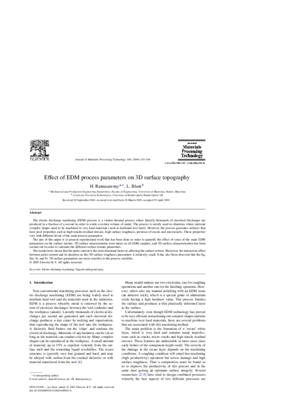 (PDF) Effect of EDM process parameters on 3D surface topography