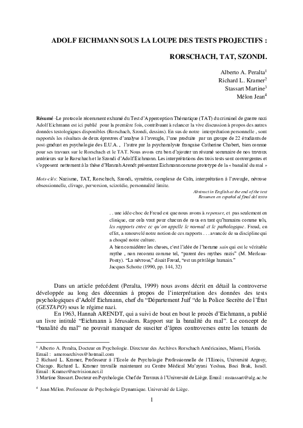 (PDF) ADOLF EICHMANN SOUS LA LOUPE DES TESTS PROJECTIFS : RORSCHACH ...