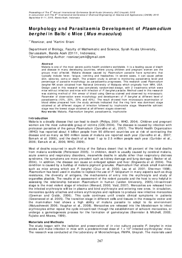 (PDF) Morphology and Parasitaemia Development of Plasmodium Berghei in ...