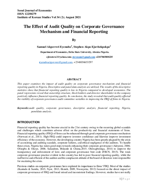 (PDF) The Effect of Audit Quality on Corporate Governance Mechanism and ...