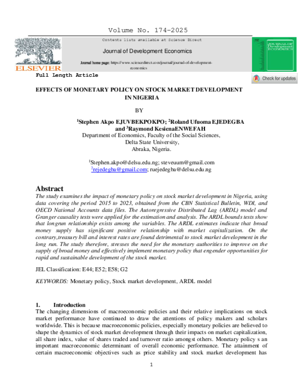 (PDF) EFFECTS OF MONETARY POLICY ON STOCK MARKET DEVELOPMENT IN NIGERIA BY