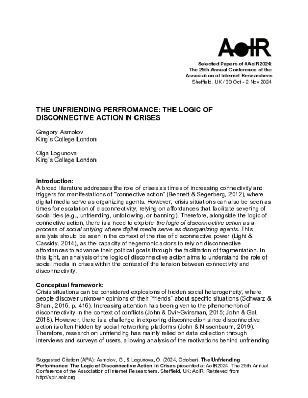 (PDF) THE UNFRIENDING PERFROMANCE: THE LOGIC OF DISCONNECTIVE ACTION IN ...