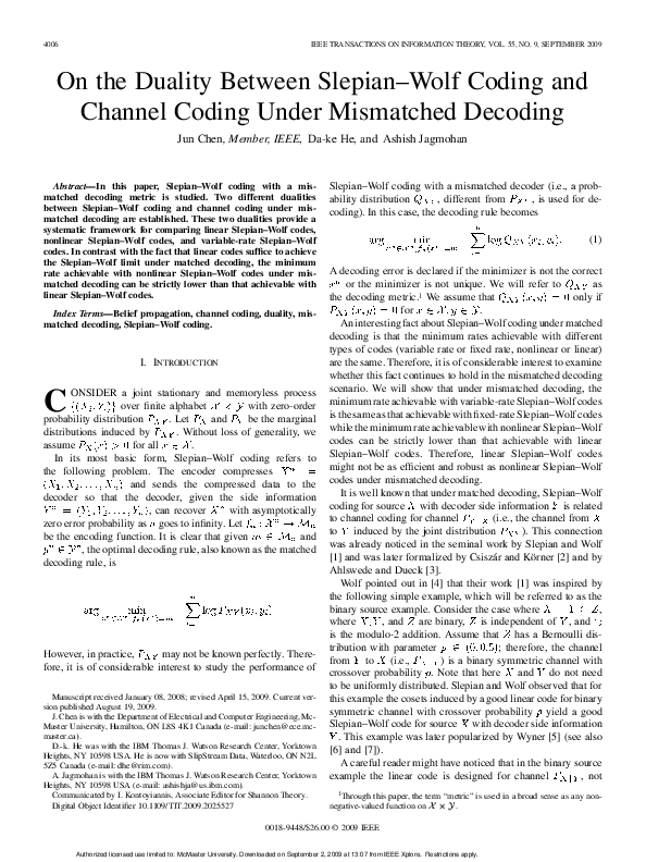 (PDF) On the Duality Between Slepian–Wolf Coding and Channel Coding ...