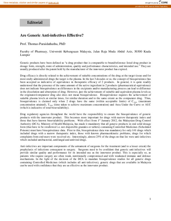 (PDF) Are Generic Anti-infectives Effective?