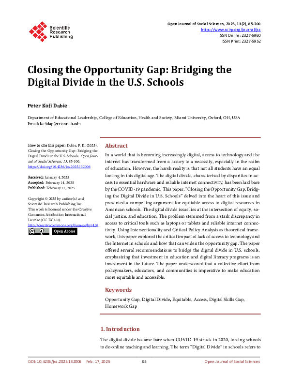 (PDF) Closing the Opportunity Gap: Bridging the Digital Divide in the U ...