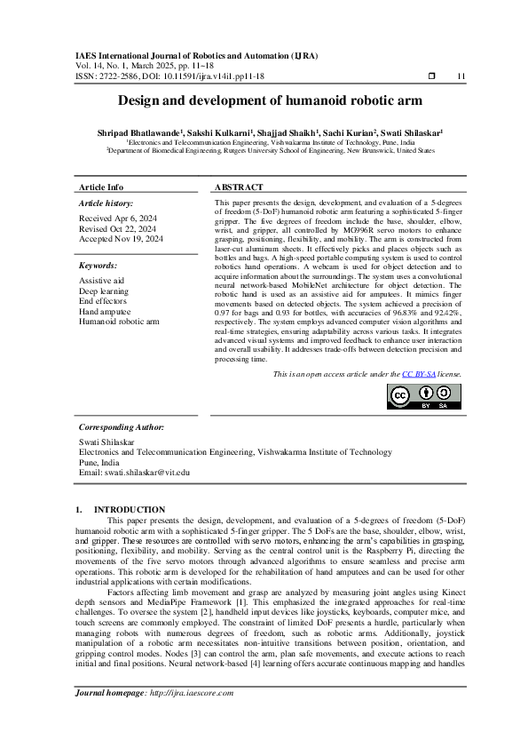 (PDF) Design and development of humanoid robotic arm
