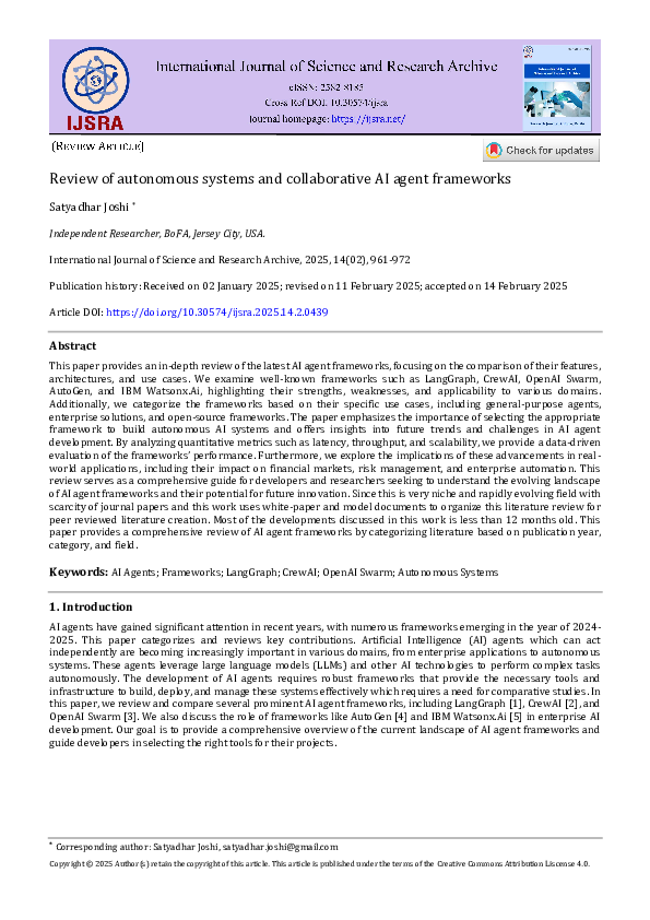 (PDF) Review of autonomous systems and collaborative AI agent frameworks